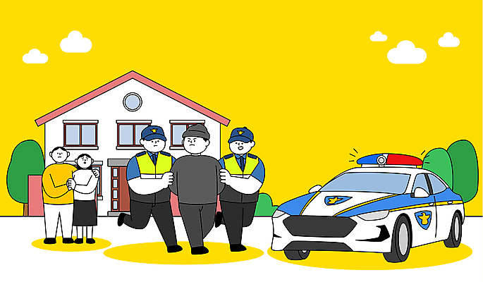 전신 나무 구름 여자 남자 일러스트 주택 여러명 성인 노란색 손잡기 범죄 경찰 도둑 구속 경찰차 신고 체포 출동 성인만 국내일러스트 AI파일 자연요소 식물 직업 컬러 다수 컨셉 모션 자동차 사람 건물 범죄인 파일형식 벡터