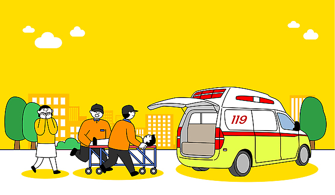 전신 나무 구름 여자 남자 일러스트 빌딩 여러명 성인 노란색 운반 구급차 구조원 입가림 119 들것 신고 응급상황 응급환자 출동 성인만 국내일러스트 AI파일 자연요소 식물 직업 컬러 다수 모션 자동차 사람 건물 환자 응급 가림 소방 전화번호 파일형식 벡터