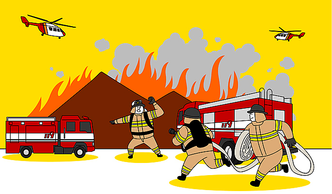 전신 남자 일러스트 불 산 들기 성인 세명 달리기 노란색 진화 연기 소방관 소방 소방차 산불 119 소방헬리콥터 소방호스 출동 화재진압 성인남자만 국내일러스트 AI파일 자연요소 컬러 모션 자동차 사람 구조원 화재 호스 전화번호 진압 남자만 성인만 파일형식 벡터