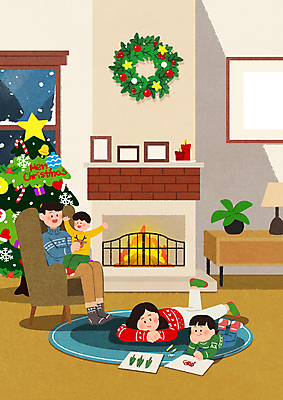 전신 PSD 여자 남자 행복 어린이 엎드리기 액자 크리스마스장식 크리스마스 겨울 거실 일러스트 창문 가족 앉기 소년 여러명 성인 크리스마스트리 카펫 만세 그리기 벽난로 크리스마스리스 국내일러스트 계절 기념일 감정 다수 관계 모션 사람 화환 파일형식
