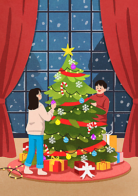 자연요소 계절 기념일 크리스마스장식 크리스마스 관계 모션 날씨 눈_날씨 선물 사람 상자 파일형식 두명 서기 크리스마스선물 성인만 성인 꾸미기 선물상자 커튼 창문 별 눈송이 전신 남자 여자 크리스마스트리 장식 겨울 커플 눈 일러스트 PSD 오너먼트 국내일러스트