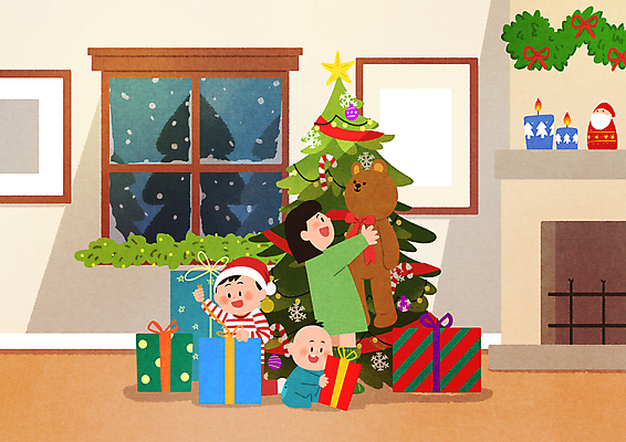 전신 PSD 여자 남자 어린이 크리스마스장식 크리스마스 겨울 일러스트 창문 크리스마스선물 들기 소녀 소년 세명 선물상자 크리스마스트리 곰인형 눈 아기 벽난로 국내일러스트 자연요소 계절 기념일 인형 모션 날씨 선물 사람 상자 파일형식