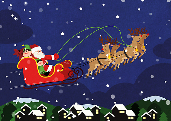 자연요소 기념일 크리스마스 모션 하늘 사슴 요정 눈_날씨 사람 성인 건물 야간 파일형식 밤하늘 비행 승차 썰매 세명 크리스마스요정 남자만 주택 눈송이 구름 루돌프 산타클로스 어린이 노년 전신 남자 일러스트 PSD 국내일러스트