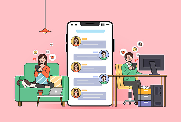 전신 커플 여자 남자 말풍선 데이트 일러스트 대화 사랑 들기 앉기 성인 두명 스마트폰 소파 모니터 고양이 하트 직장인 어플리케이션 이모티콘 전송 채팅 성인만 국내일러스트 AI파일 모양 직업 감정 의자 포유류 관계 모션 말하기 사람 핸드폰 스마트기기 반려동물 컴퓨터 파일형식 벡터