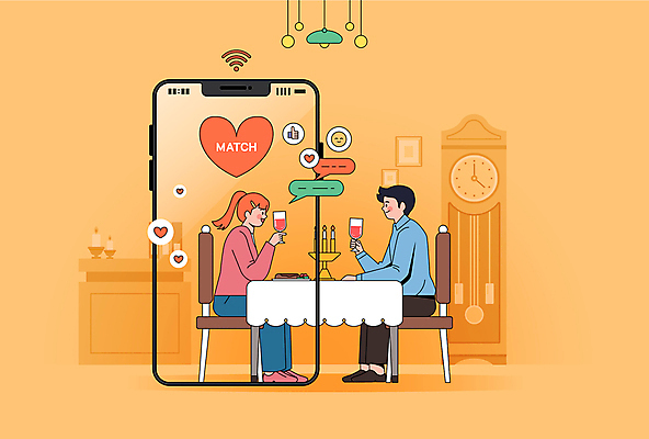 전신 커플 여자 남자 말풍선 와인잔 데이트 일러스트 조명 대화 사랑 들기 앉기 성인 두명 스마트폰 레스토랑 와인 주황색 하트 어플리케이션 연결 와이파이 소개팅 성인만 국내일러스트 AI파일 모양 감정 컬러 술잔 관계 모션 주류 말하기 사람 핸드폰 스마트기기 식당 무선인터넷 파일형식 벡터