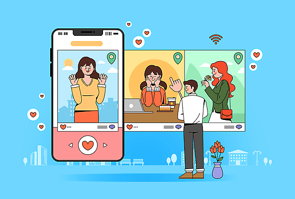 전신 커플 여자 남자 화분 하늘색 데이트 일러스트 사랑 들기 여러명 상반신 성인 스마트폰 하트 선택 어플리케이션 연결 지시봉 데이트신청 손가락지시봉 성인만 국내일러스트 AI파일 모양 감정 다수 컨셉 관계 모션 사람 파란색 핸드폰 스마트기기 파일형식 벡터