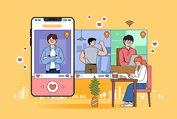 전신 커플 여자 남자 화분 데이트 일러스트 사랑 들기 여러명 상반신 성인 스마트폰 노란색 하트 선택 어플리케이션 연결 데이트신청 성인만 국내일러스트 AI파일 모양 감정 컬러 다수 컨셉 관계 모션 사람 핸드폰 스마트기기 파일형식 벡터