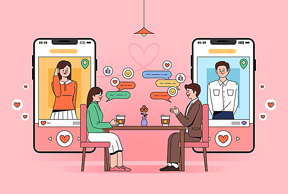 전신 커플 여자 남자 커피 분홍색 말풍선 데이트 일러스트 대화 사랑 여러명 상반신 성인 스마트폰 카페 하트 어플리케이션 연결 소개팅 채팅 성인만 국내일러스트 AI파일 모양 감정 음료 컬러 다수 관계 말하기 사람 핸드폰 스마트기기 상점 파일형식 벡터