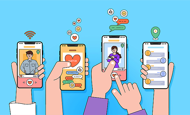 손 커플 여자 남자 말풍선 일러스트 사람모양 대화 사랑 들기 상반신 성인 두명 신체부위 파란색 스마트폰 터치 하트 어플리케이션 연결 와이파이 클릭 채팅 성인만 국내일러스트 AI파일 모양 감정 컬러 관계 모션 말하기 사람 핸드폰 스마트기기 무선인터넷 파일형식 벡터