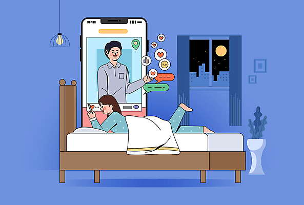 전신 커플 여자 남자 엎드리기 말풍선 일러스트 창문 조명 대화 사랑 상반신 성인 두명 파란색 스마트폰 하트 침대 어플리케이션 야간 채팅 성인만 국내일러스트 AI파일 자연요소 모양 감정 컬러 가구 관계 모션 말하기 사람 핸드폰 스마트기기 파일형식 벡터