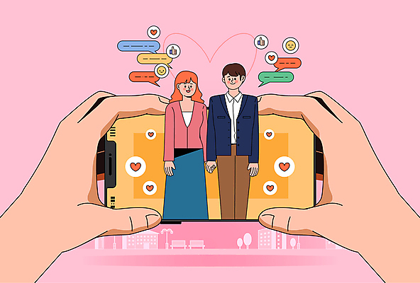 손 커플 여자 남자 분홍색 말풍선 데이트 일러스트 대화 사랑 들기 성인 두명 신체부위 스마트폰 손잡기 하트 어플리케이션 채팅 성인만 국내일러스트 AI파일 모양 감정 컬러 관계 모션 말하기 사람 핸드폰 스마트기기 파일형식 벡터