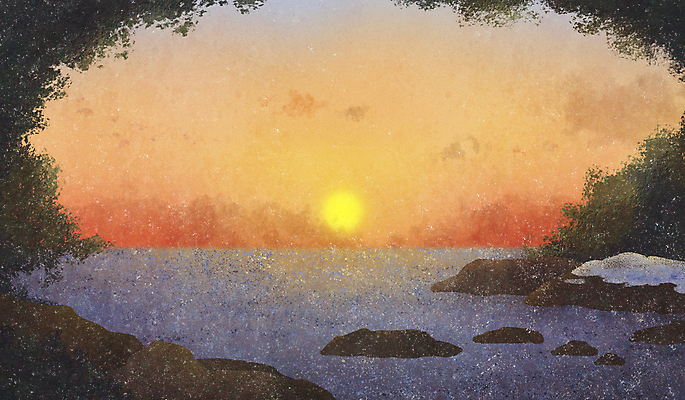 PSD 나무 구름 바다 겨울 일러스트 하늘 새해 풍경 사람없음 태양 일출 암석 돌_바위 국내일러스트 자연요소 식물 계절 노을 파일형식