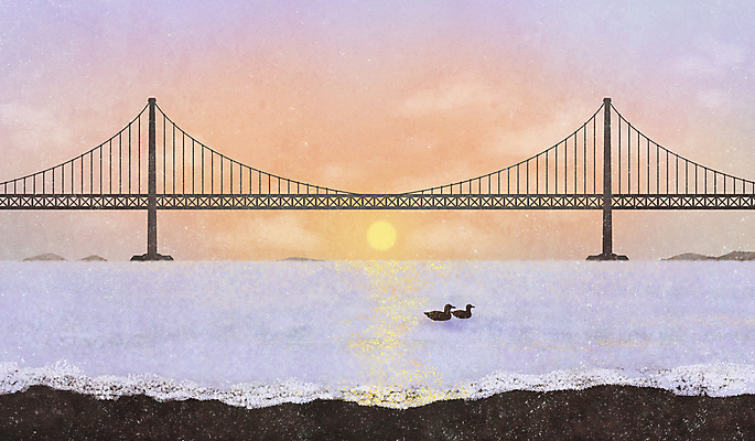 PSD 나무 구름 바다 겨울 일러스트 조류 하늘 새해 풍경 사람없음 태양 일출 암석 돌_바위 가교 국내일러스트 자연요소 식물 동물 건축물 계절 노을 파일형식