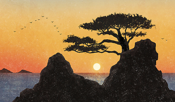 PSD 구름 바다 겨울 일러스트 하늘 새해 풍경 사람없음 태양 일출 암석 돌_바위 소나무 국내일러스트 자연요소 나무 계절 노을 파일형식