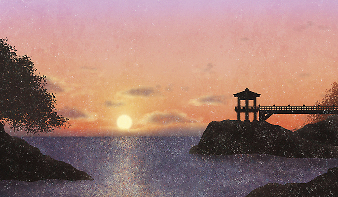 PSD 나무 구름 바다 겨울 일러스트 하늘 새해 풍경 사람없음 태양 일출 암석 돌_바위 정자 가교 국내일러스트 자연요소 식물 건축물 계절 노을 파일형식