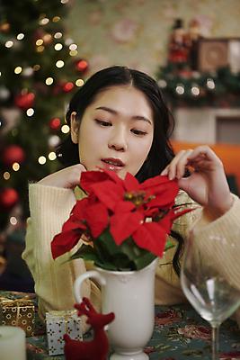 포토 JPG 우먼라이프 응시 여자 크리스마스 실내 한명 근접촬영 상반신 20대 성인 앞모습 아웃포커스 파티 꽃병 턱괴기 한국인 잡기 포인세티아 성인여자한명만 국내포토 1 라이프스타일 시선 기념일 꽃 뷰포인트 모션 촬영기법 사람 동양인 이벤트 청년 내부 여자한명만 성인여자만 파일형식