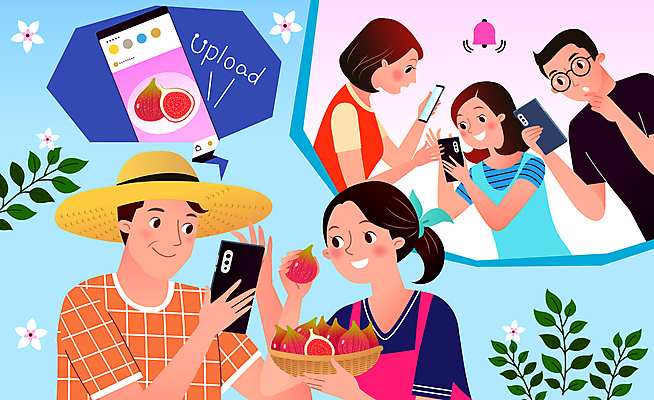 부부 여자 남자 일러스트 모바일 나뭇잎 들기 여러명 상반신 성인 스마트폰 판매 농부 고객 알림 밀짚모자 온라인 무화과 소셜네트워크 업로드 직거래 성인만 산지직송 농켓팅 국내일러스트 AI파일 직업 모자_잡화 커플 다수 잎 과일 모션 사람 핸드폰 스마트기기 거래 배송 파일형식 벡터 직송