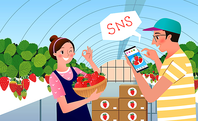 여자 남자 말풍선 일러스트 딸기 들기 상반신 성인 두명 상자 판매 바구니 농부 OK 비닐하우스 딸기밭 소셜네트워크 업로드 성인만 산지직송 국내일러스트 AI파일 직업 밭 농업 과일 모션 사람 손짓 파일형식 벡터 직송