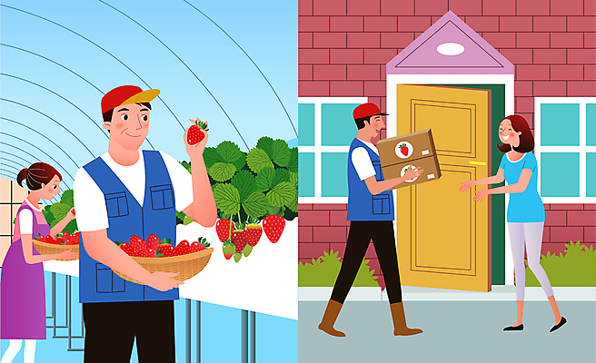 전신 여자 남자 일러스트 딸기 주택 들기 여러명 성인 상자 바구니 농사 수확 농부 상인 고객 배송 반가움 직거래 성인만 산지직송 농켓팅 국내일러스트 AI파일 직업 감정 다수 농업 과일 모션 사람 건물 거래 파일형식 벡터 직송