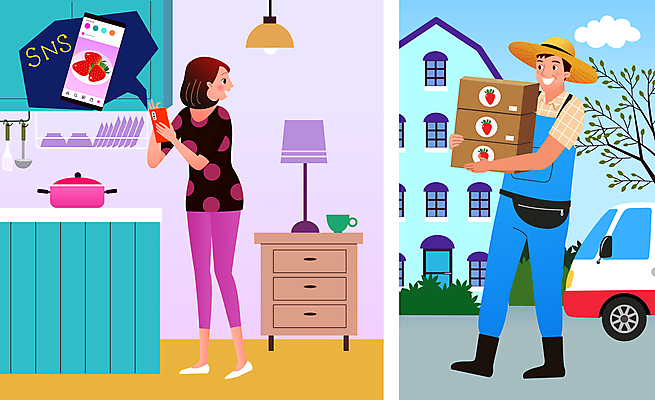 전신 여자 남자 일러스트 실내 서기 들기 성인 야외 두명 스마트폰 상자 주방 뒤돌아보기 농부 도착 고객 배송 택배 밀짚모자 소셜네트워크 직거래 성인만 산지직송 국내일러스트 AI파일 직업 모자_잡화 모션 사람 내부 핸드폰 스마트기기 거래 운송업 파일형식 벡터 직송