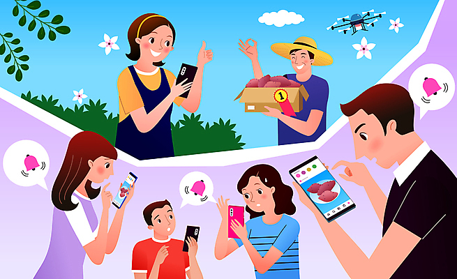 부부 여자 남자 말풍선 일러스트 모바일 들기 여러명 상반신 성인 스마트폰 상자 판매 기다림 농부 OK 고객 알림 확인 밀짚모자 고구마 온라인 드론 소셜네트워크 성인만 농켓팅 앱푸시 국내일러스트 AI파일 직업 모자_잡화 커플 다수 모션 뿌리채소 사람 손짓 핸드폰 스마트기기 파일형식 벡터 산지직송