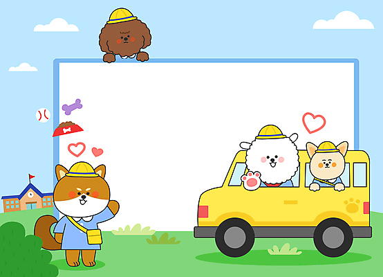 구름 반려견 여러마리 일러스트 하늘 사각프레임 프레임 서기 사람없음 반려동물 유치원 개 강아지 승차 스쿨버스 유치원복 프레임일러스트 애견유치원 등원 국내일러스트 AI파일 자연요소 동물 옷 교육 다수 포유류 모션 버스 사각형 파일형식 벡터