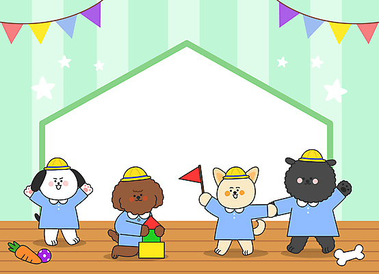 반려견 여러마리 일러스트 프레임 함께함 서기 들기 사람없음 반려동물 장난감 걷기 손잡기 유치원 만세 깃발 개 강아지 즐거움 유치원복 가랜드 놀기 민트색 프레임일러스트 애견유치원 국내일러스트 AI파일 동물 옷 교육 감정 컬러 다수 컨셉 포유류 모션 파티용품 파일형식 벡터