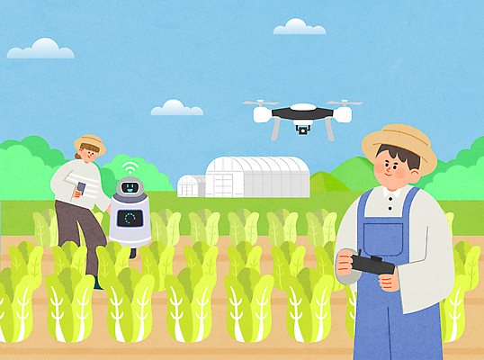 전신 여자 남자 농업 일러스트 서기 들기 상반신 청년 성인 두명 농사 농촌 스마트 로봇 배추 귀농 비닐하우스 배추밭 드론 원격조종 텃밭 청년만 성인만 스마트팜 청년농부 어그테크 국내일러스트 AI파일 산업 컨셉 밭 채소 모션 사람 농장 시골 농부 파일형식 벡터