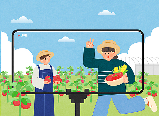 전신 구름 여자 남자 농업 토마토 일러스트 하늘 들기 상반신 청년 성인 두명 스마트폰 농사 농촌 브이 귀농 비닐하우스 라이브 텃밭 청년만 성인만 산지직송 청년농부 영상촬영 라이브커머스 토마토밭 국내일러스트 AI파일 자연요소 산업 밭 채소 모션 사람 손짓 핸드폰 스마트기기 촬영 시골 농부 모바일쇼핑 파일형식 벡터 직송