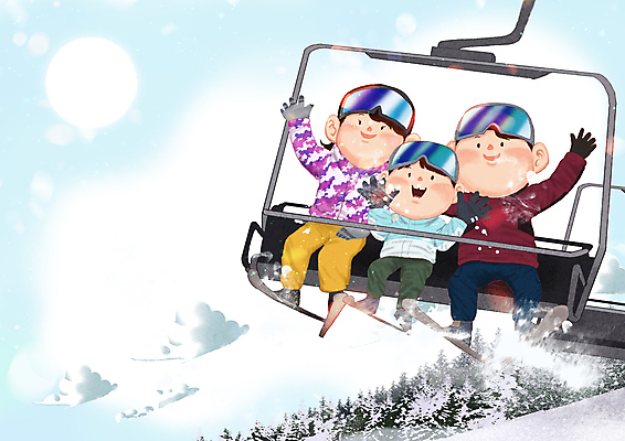 전신 PSD 구름 여자 남자 어린이 겨울 일러스트 가족 스키장 소년 성인 세명 파란색 태양 승차 즐거움 스키복 손인사 스키리프트 국내일러스트 자연요소 옷 계절 감정 컬러 관계 모션 스키 사람 인사 리프트 파일형식