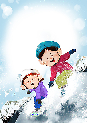 전신 PSD 여자 남자 어린이 겨울 일러스트 겨울스포츠 웃음 소녀 소년 두명 파란색 스노우보드 보드 안전모 즐거움 어린이만 내려오기 국내일러스트 계절 감정 스포츠 컬러 모션 표정 사람 보드_스포츠 헬멧 안전장비 파일형식