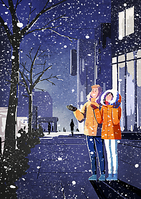 전신 PSD 나무 커플 여자 남자 겨울 일러스트 거리 웃음 성인 두명 손들기 올려보기 눈 도시 남색 첫눈 성인만 국내일러스트 자연요소 식물 계절 컬러 관계 모션 날씨 눈_날씨 표정 사람 파일형식