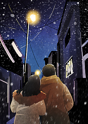 PSD 커플 여자 남자 겨울 가로등 일러스트 상반신 성인 두명 건물 눈 골목길 남색 첫눈 눈내림 성인만 국내일러스트 자연요소 건축물 계절 공공시설 길 컬러 관계 날씨 눈_날씨 사람 파일형식