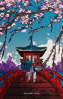 전신 PSD 여자 백그라운드 일러스트 우산 풍경 성인 두명 강 일본 봄 벚꽃 나뭇가지 벚나무 기모노 일본전통 가교 성인여자만 국내일러스트 나무 전통 건축물 계절 꽃 아시아 사람 일본전통의상 여자만 성인만 파일형식