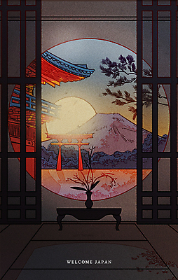 PSD 실루엣 백그라운드 일러스트 창문 풍경 사람없음 일출 노을 일본 꽃병 소나무 일본전통 후지산 토리이 국내일러스트 자연요소 나무 전통 꽃 아시아 산 촬영기법 세계문화유산 신사_건축물 파일형식