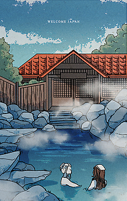 PSD 여자 여행 백그라운드 일러스트 풍경 상반신 성인 야외 두명 일본 온천 목욕 일본전통 노천 노천온천 성인여자만 국내일러스트 전통 아시아 사람 스파 청결 여자만 성인만 파일형식