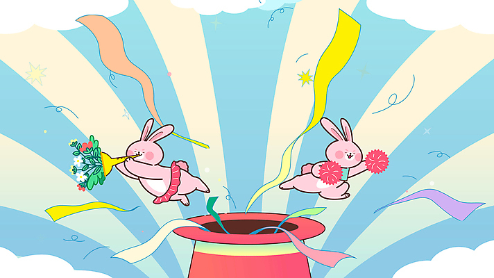꽃 리본 두마리 들기 사람없음 점프 마술 토끼띠 토끼 나팔 토끼캐릭터 치어리더 마술사모자 응원수술 동영상 나오기 모션그래픽 MP4 MOV 식물 모자_잡화 악기 동물캐릭터 2 포유류 모션 반려동물 응원용품 십이지신 파일형식