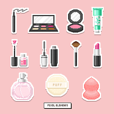 일러스트 사람없음 뷰티 화장품 립스틱 화장용품 향수 오브젝트 마스카라 퍼프 아이섀도 메이크업브러쉬 아이라이너 엘리먼트 틴트 파우더퍼프 핸드크림 픽셀 국내일러스트 AI파일 붓 미용용품 파일형식 벡터