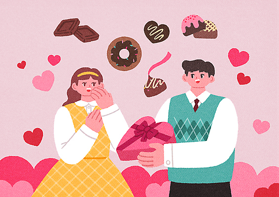 PSD 커플 여자 남자 분홍색 프로포즈 데이트 일러스트 발렌타인데이 선물 사랑 들기 상반신 성인 두명 손들기 초콜릿 기쁨 하트 도넛 주기 감동 입가림 하트상자 성인만 국내일러스트 모양 감정 컬러 관계 모션 데이이벤트 디저트 사람 상자 가림 파일형식