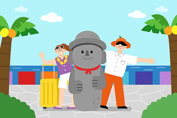 전신 여자 남자 바다 포즈 일러스트 팔벌리기 성인 두명 야자수 제주도 손들기 캐리어 풀 돌하르방 해안도로 기념촬영 꽃목걸이 기념사진 빨간스카프 제주도여행 성인만 국내일러스트 AI파일 나무 식물 꽃 도로 여행 목걸이 모션 한국 사람 여행가방 사진촬영 파일형식 벡터