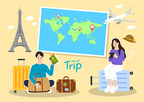 전신 PSD 응시 여자 남자 세계지도 일러스트 휴가 비행기 들기 앉기 성인 두명 카메라 캐리어 여행가방 에펠탑 배낭여행 여권 구름모양 챙모자 성인만 국내일러스트 모양 모자_잡화 시선 여행 지도 가방 항공교통 모션 대중교통 사람 전자제품 세계 파리 랜드마크 파일형식 구름_자연