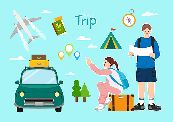 전신 PSD 나무 응시 여자 남자 지도 일러스트 자동차 휴가 휴식 비행기 텐트 앉기 성인 두명 손들기 캐리어 여행가방 가리킴 나침반 배낭여행 여권 위치 구름모양 성인만 국내일러스트 모양 식물 시선 육상교통 여행 컨셉 가방 항공교통 모션 대중교통 캠핑도구 사람 손짓 파일형식 구름_자연
