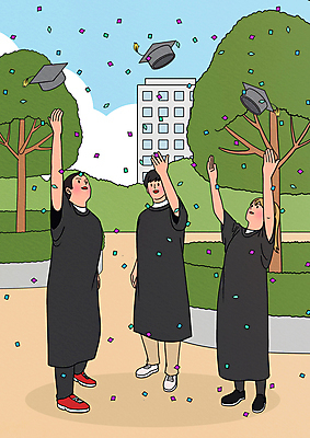 전신 PSD 나무 여자 남자 일러스트 학사모 졸업 졸업식 졸업생 서기 성인 건물 세명 축하 졸업가운 던지기 대학교 화단 꽃가루 성인만 국내일러스트 식물 모자_잡화 건축물 교육 컨셉 학교 모션 사람 가운 가루 파일형식