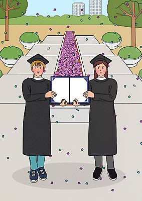 전신 PSD 나무 여자 꽃 일러스트 학사모 졸업 졸업식 졸업생 서기 들기 성인 두명 건물 계단 사진촬영 졸업가운 졸업장 대학교 화단 꽃가루 팬지 꽃길 성인여자만 국내일러스트 식물 모자_잡화 건축물 교육 길 학교 모션 사람 촬영 가운 가루 여자만 성인만 파일형식