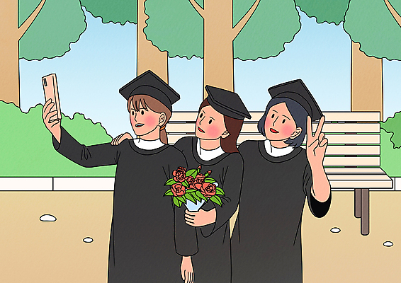 전신 PSD 나무 여자 꽃다발 벤치 일러스트 학사모 졸업 졸업식 졸업생 미소 들기 상반신 성인 세명 친구 스마트폰 졸업가운 셀프카메라 브이 성인여자만 어깨에손 국내일러스트 식물 모자_잡화 교육 꽃 의자 관계 모션 표정 사람 손짓 핸드폰 스마트기기 사진촬영 가운 여자만 성인만 파일형식