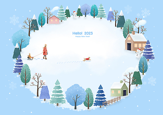 전신 PSD 나무 여자 어린이 하늘색 겨울 일러스트 눈사람 주택 프레임 눈꽃 풍경 소녀 성인 두명 울타리 걷기 눈 당기기 연기 강아지 승차 발자국 썰매 해피뉴이어 여자만 2023년 겨울풍경 겨울배경 국내일러스트 자연요소 식물 계절 백그라운드 자국 모션 날씨 눈_날씨 사람 건물 파란색 담장 반려동물 새해인사 개 연도 파일형식