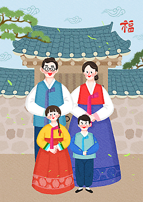 전신 PSD 한국전통 여자 남자 어린이 일러스트 가족 새해 소녀 소년 여러명 성인 설날 전통문양 새해인사 소나무 복 한복 기와지붕 구름문양 국내일러스트 나무 전통 문양 명절 다수 관계 지붕 한국 기와 사람 한자 인사 전통의상 파일형식 구름_자연