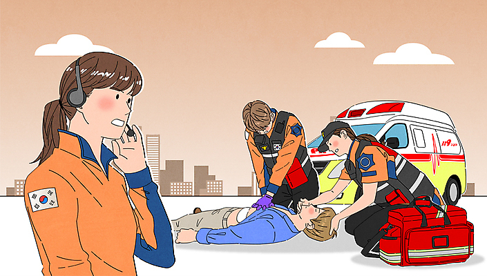 전신 구름 여자 남자 일러스트 하늘 여러명 상반신 성인 눕기 갈색 헤드셋 구급상자 구급차 구조원 119 신고 심폐소생술 응급조치 응급치료 응급환자 성인만 국내일러스트 AI파일 자연요소 직업 컬러 음향기기 다수 모션 자동차 사람 치료 헤드폰 환자 응급 의료용품 소방 전화번호 파일형식 벡터