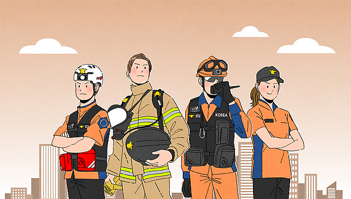 구름 여자 남자 포즈 일러스트 하늘 들기 빌딩 여러명 상반신 성인 갈색 팔짱 소방관 구조원 무전기 119 소방관모자 응급구조대 성인만 방호복 국내일러스트 AI파일 자연요소 직업 모자_잡화 옷 컬러 다수 모션 무선통신 사람 건물 소방 전화번호 파일형식 벡터