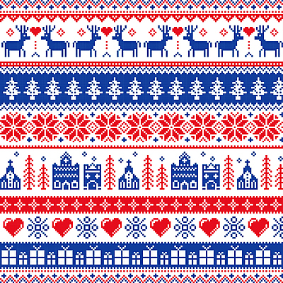 나무 꽃 크리스마스 겨울 패턴 일러스트 눈꽃 선물 사람없음 빨간색 파란색 선물상자 교회 루돌프 하트 노르딕 픽셀 국내일러스트 AI파일 모양 식물 디자인 계절 기념일 컬러 무늬 종교건축 사슴 눈_날씨 건물 상자 파일형식 벡터